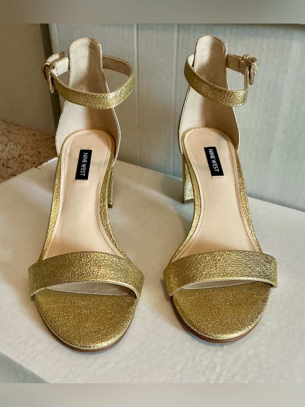 Nine West Metallic Gold Ankle-Strap Heeled Sandals